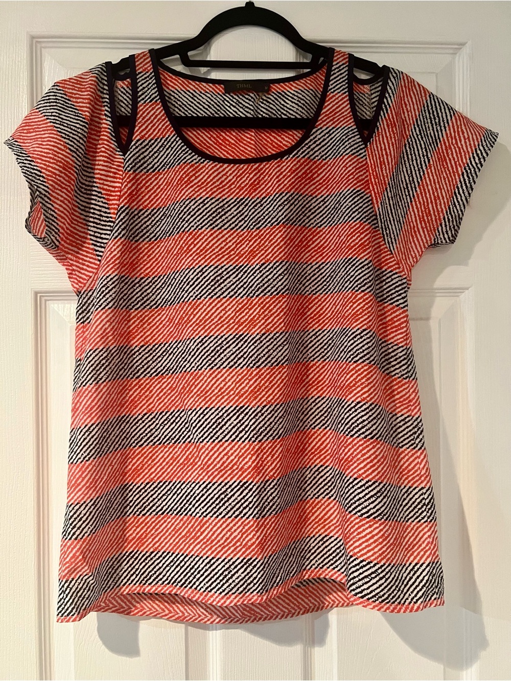 THML Coral and Black Striped Short Sleeve Top